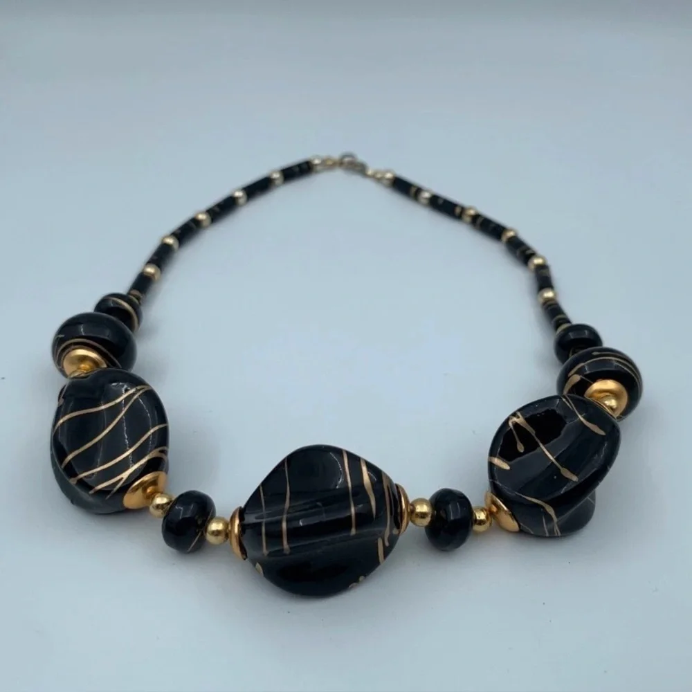 Vintage Jet Black Lucite Gold Color Drizzle Beaded Necklace Chunky Retro Jewelry